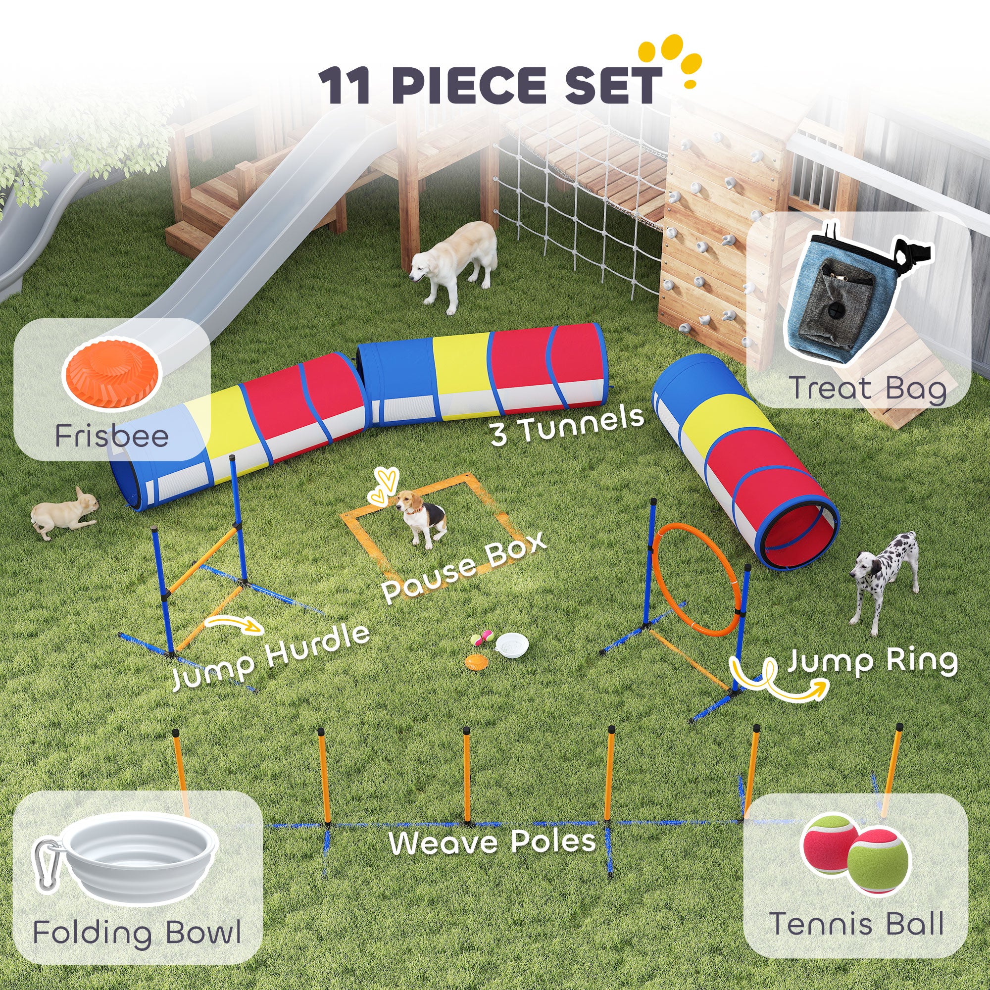 Dog Agility Training Equipment, 11-Piece Dog Obstacle Course with Adjustable Hurdle & Ring, 3 Tunnels, Weave Poles