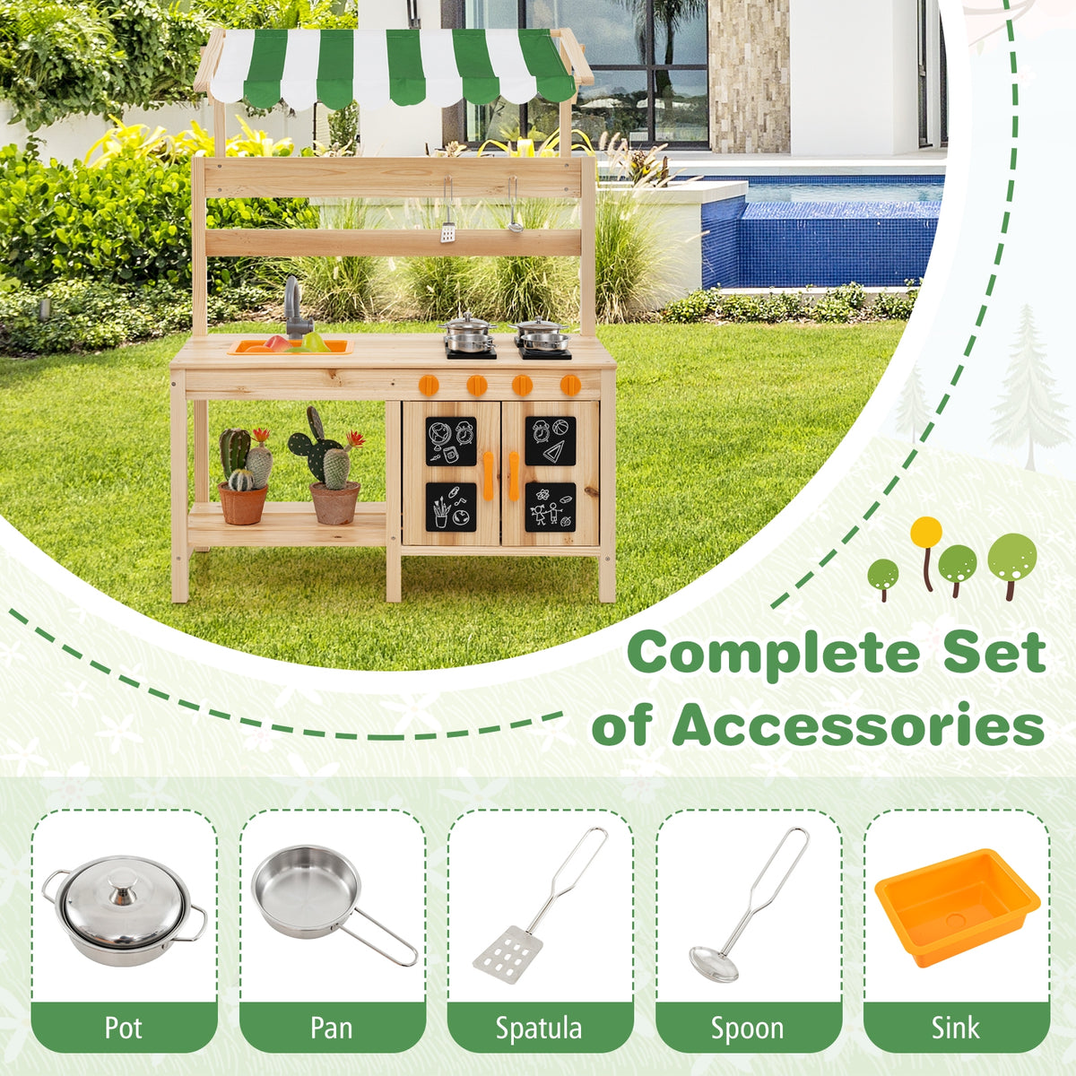 Mud Kitchen Fir Wood Play Kitchen with Canopy and Sink and 4 Stoves-Natural