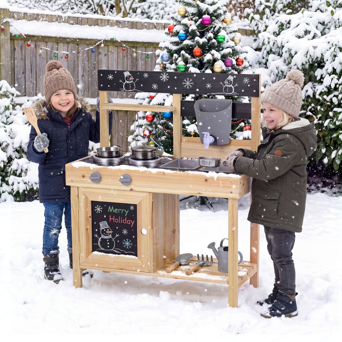 Mud Kitchen Playset Kids Play Kitchen Outdoor with 2 Removable Sinks-Natural