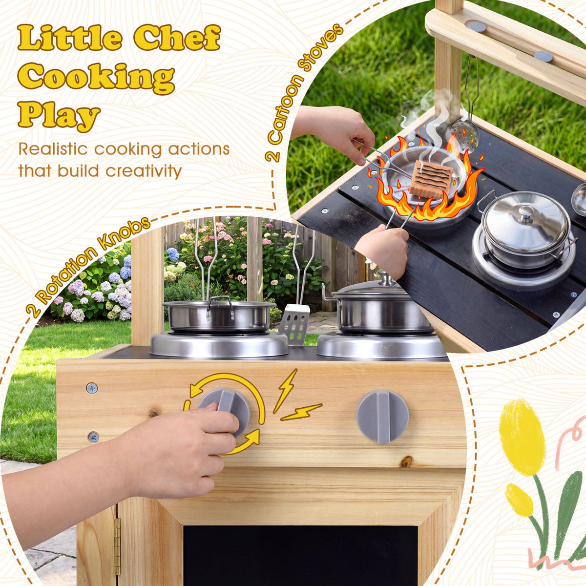 Mud Kitchen Playset Kids Play Kitchen Outdoor with 2 Removable Sinks-Natural