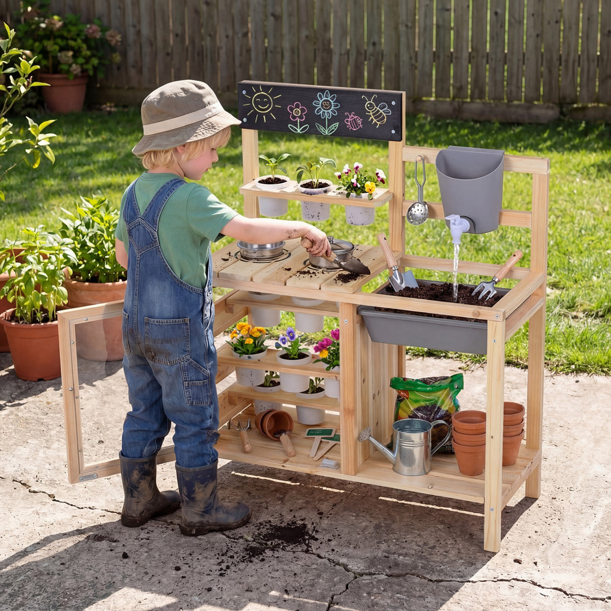 Mud Kitchen Playset with Sink and Plants Observation Room-Natural