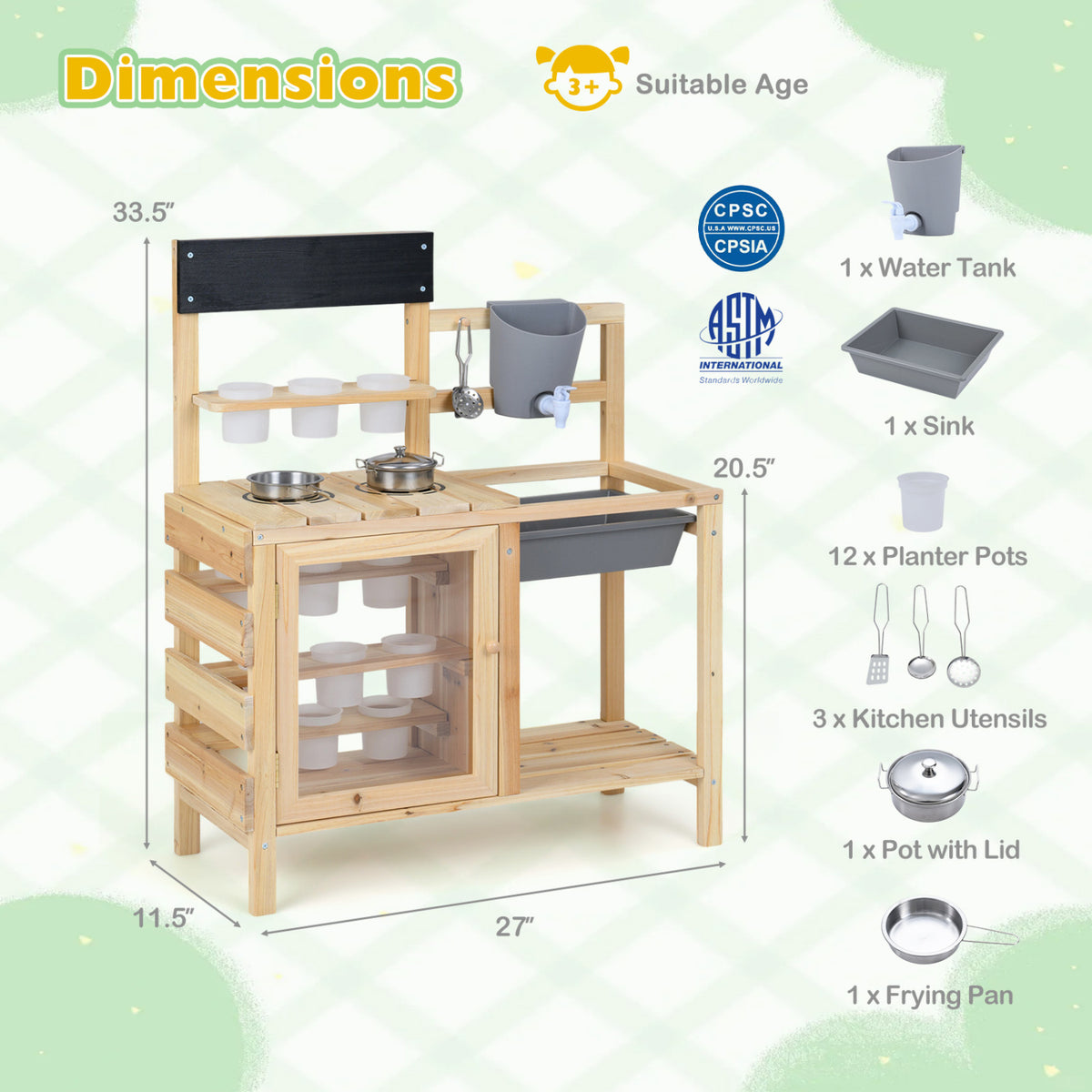 Mud Kitchen Playset with Sink and Plants Observation Room-Natural