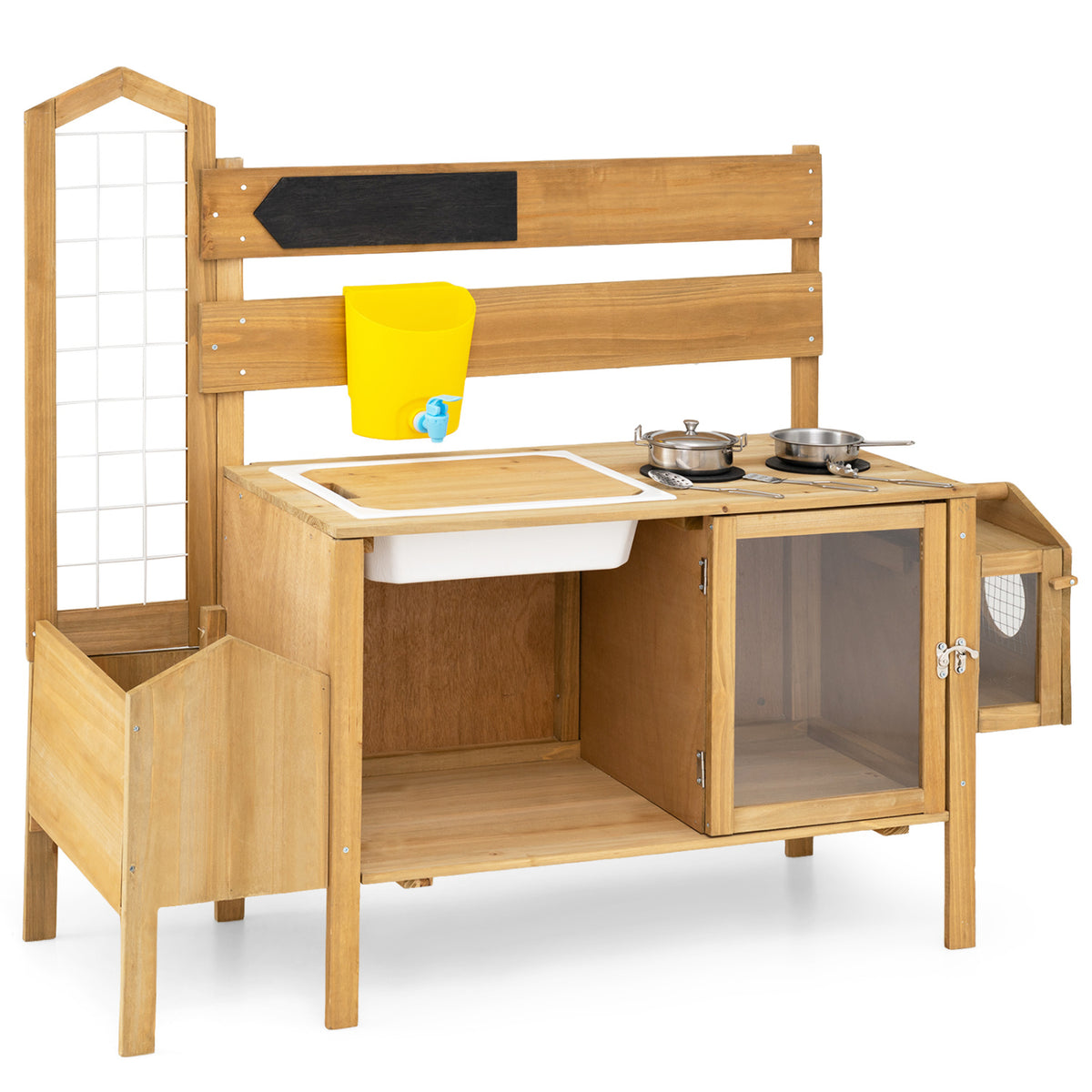 Mud Kitchen for Kids with Detachable Bird Cage and Stoves-Natural