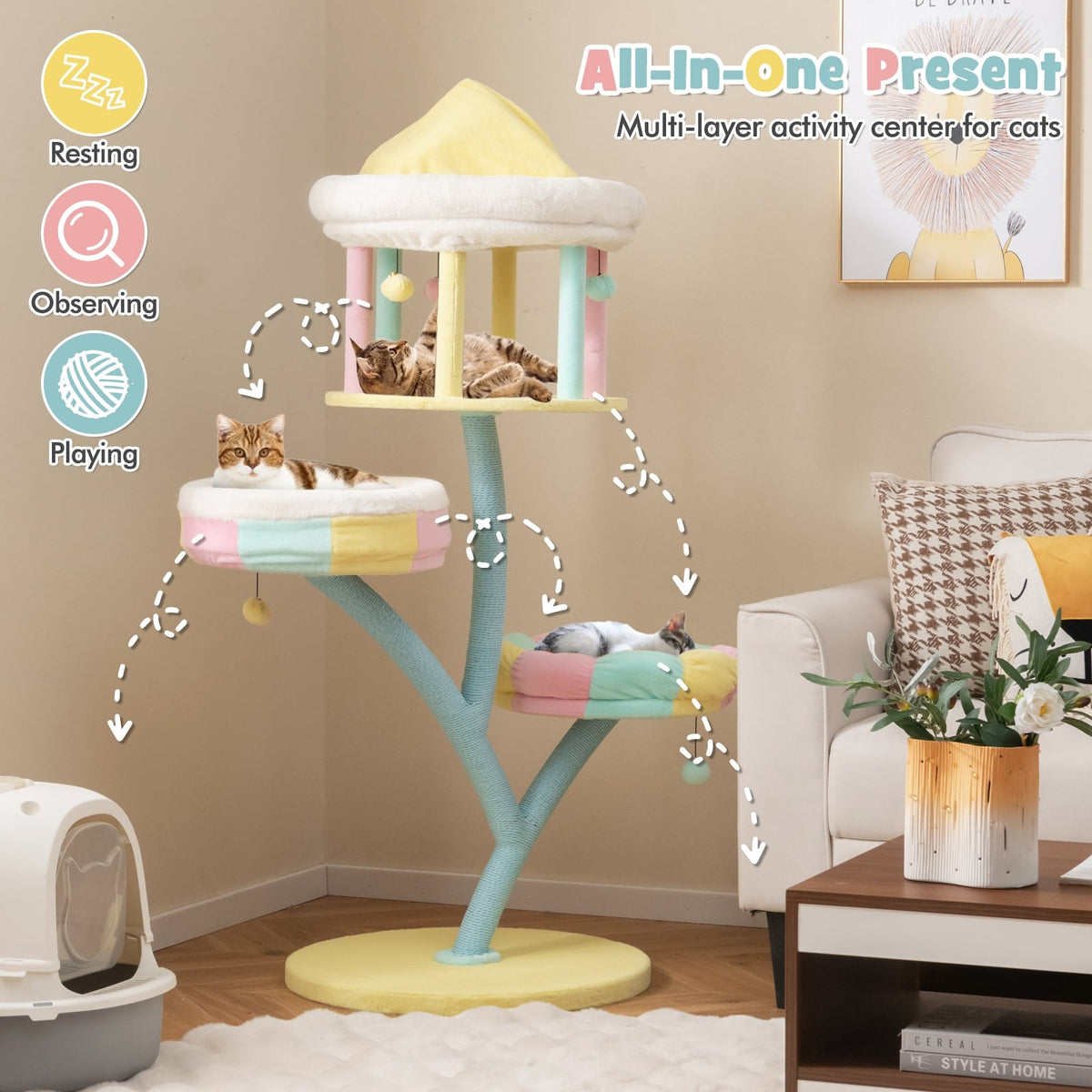 Multi-Layer Cat Tree with 2 Removable Perches Scratching Posts-Color-Cat Trees & Scratchers-DECOROLALA