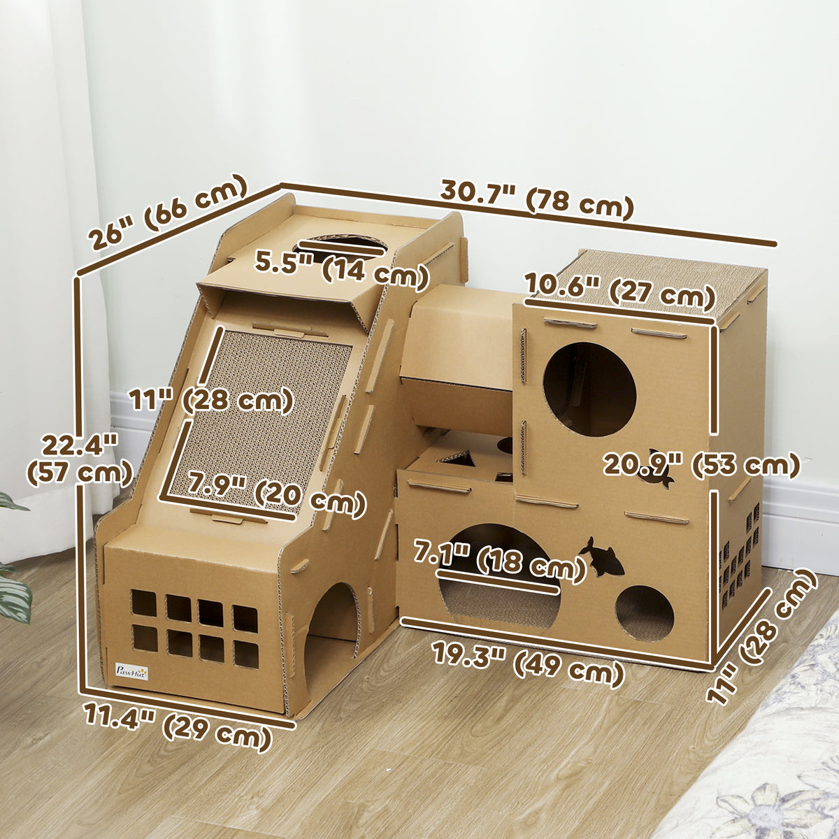 Multi-Level Cardboard Cat House with Scratching Pads - Brown-Cats-DECOROLALA