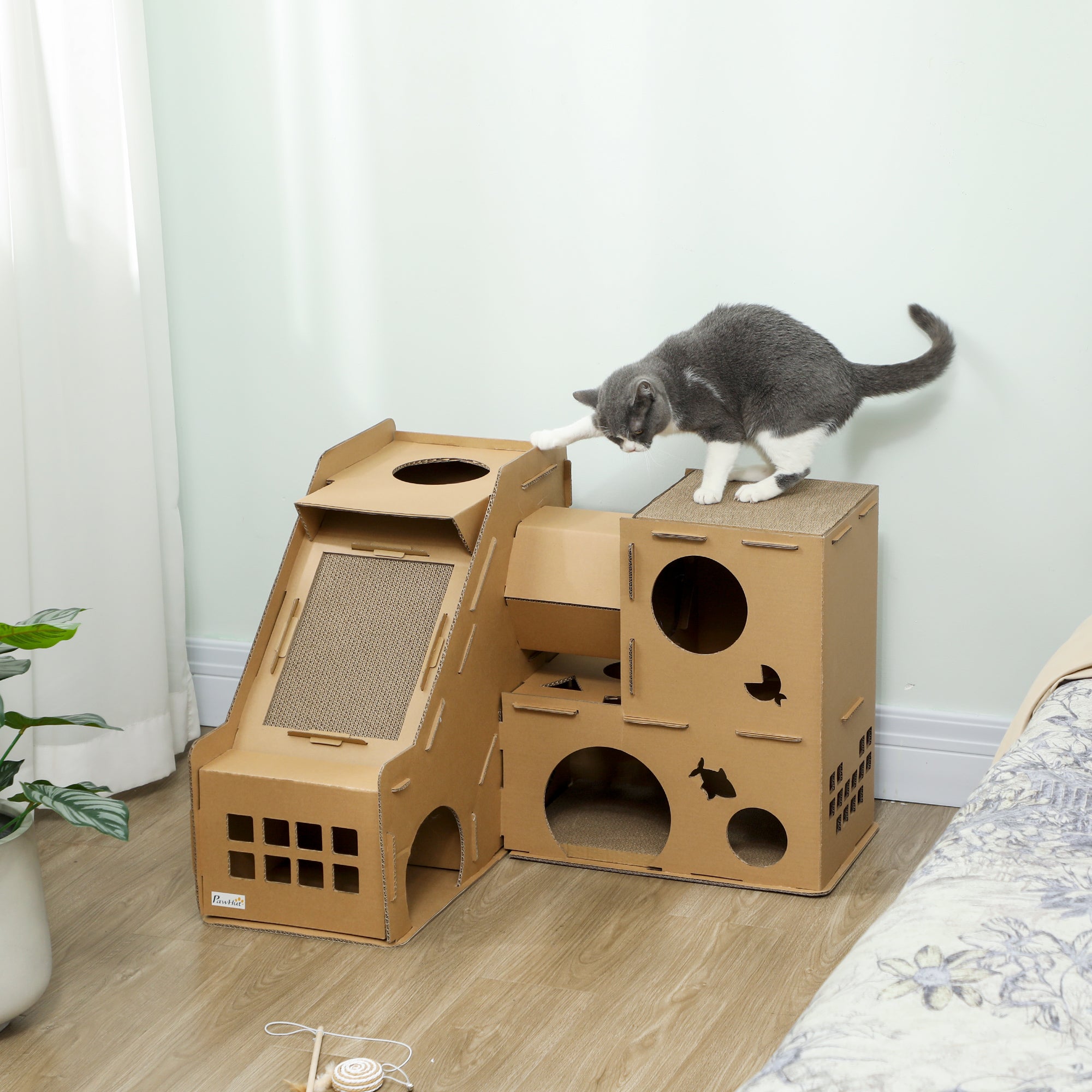 Multi-Level Cardboard Cat House with Scratching Pads - Brown-Cats-DECOROLALA