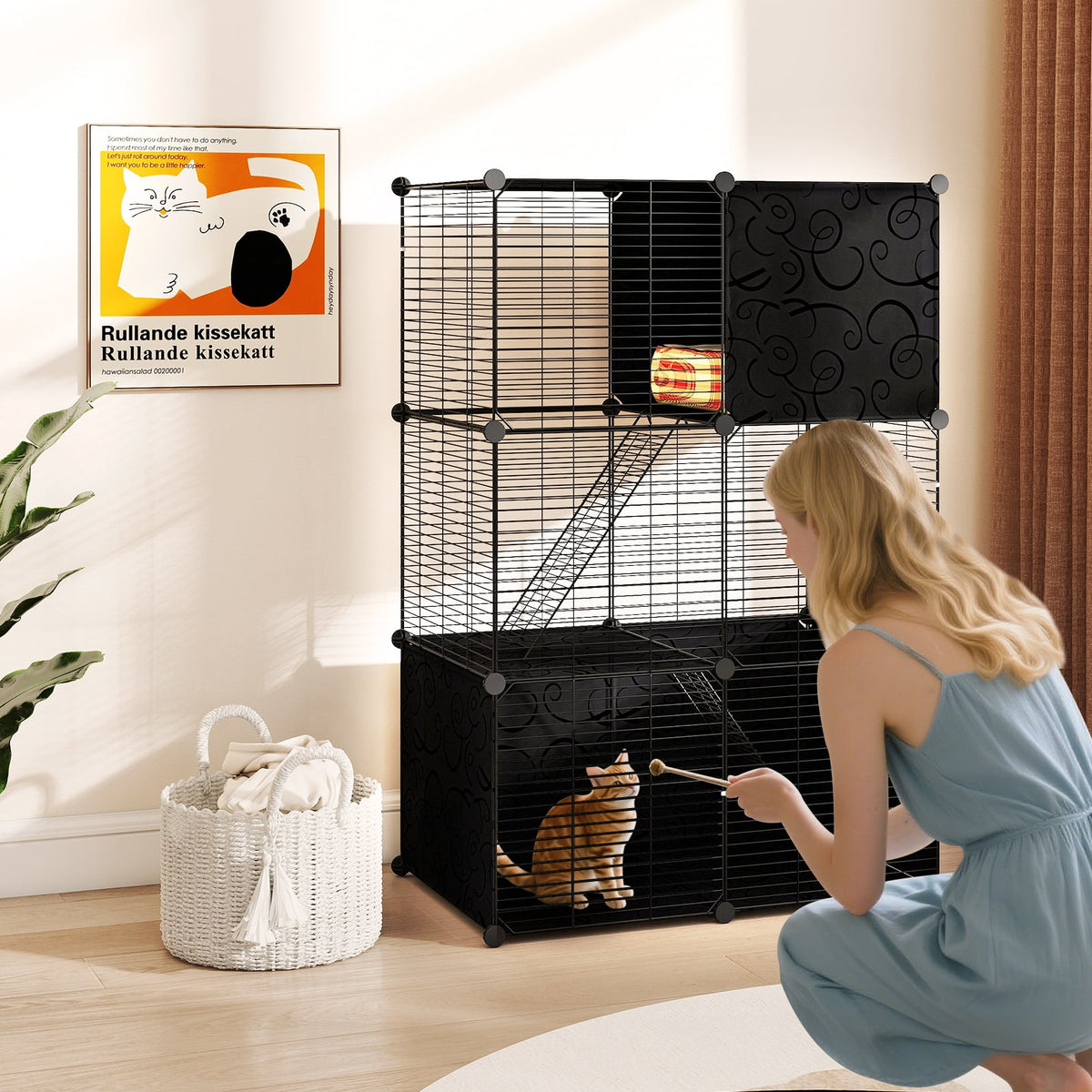 Multi-Level Cat Tower with 2-Door Condo and Hammock-Black-Cat Houses-DECOROLALA