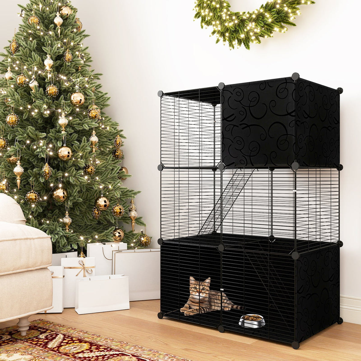 Multi-Level Cat Tower with 2-Door Condo and Hammock-Black-Cat Houses-DECOROLALA