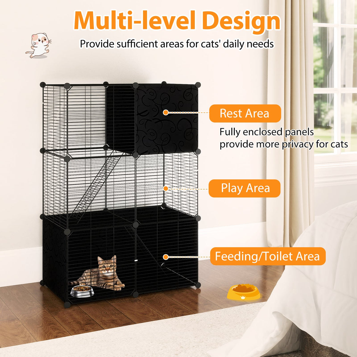Multi-Level Cat Tower with 2-Door Condo and Hammock-Black-Cat Houses-DECOROLALA