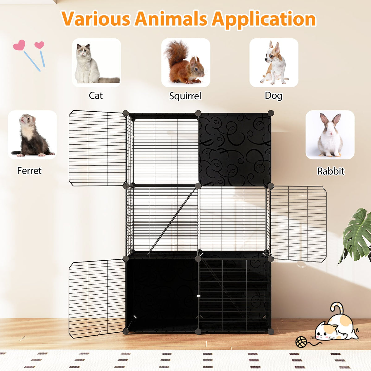 Multi-Level Cat Tower with 2-Door Condo and Hammock-Black-Cat Houses-DECOROLALA