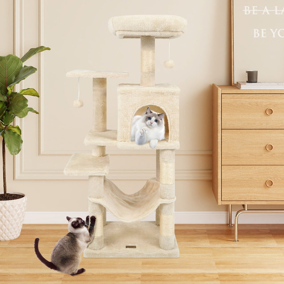 Multi-Level Cat Tower with 2-Door Condo and Padded Top Perch-Beige-Cat Trees & Scratchers-DECOROLALA