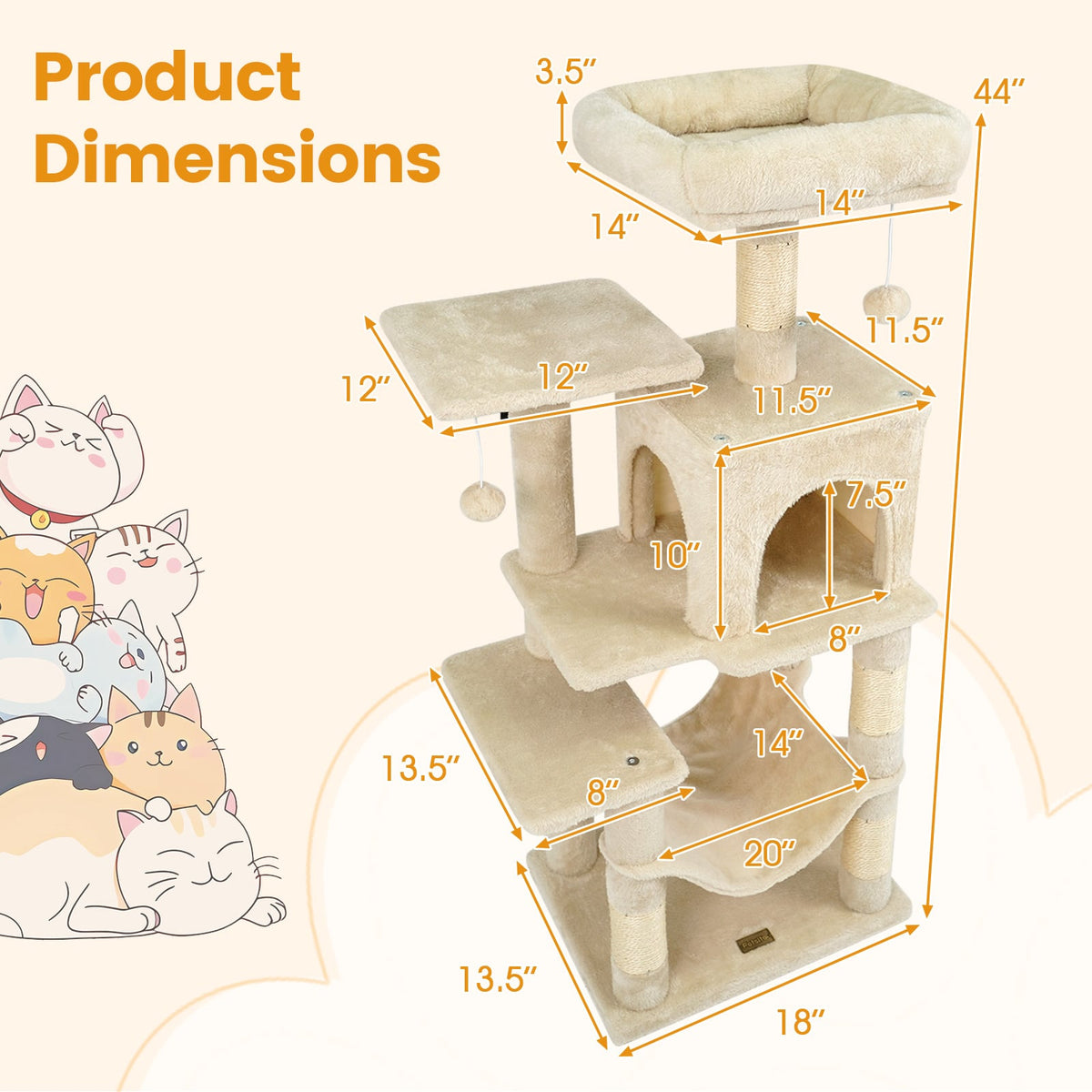 Multi-Level Cat Tower with 2-Door Condo and Padded Top Perch-Beige-Cat Trees & Scratchers-DECOROLALA