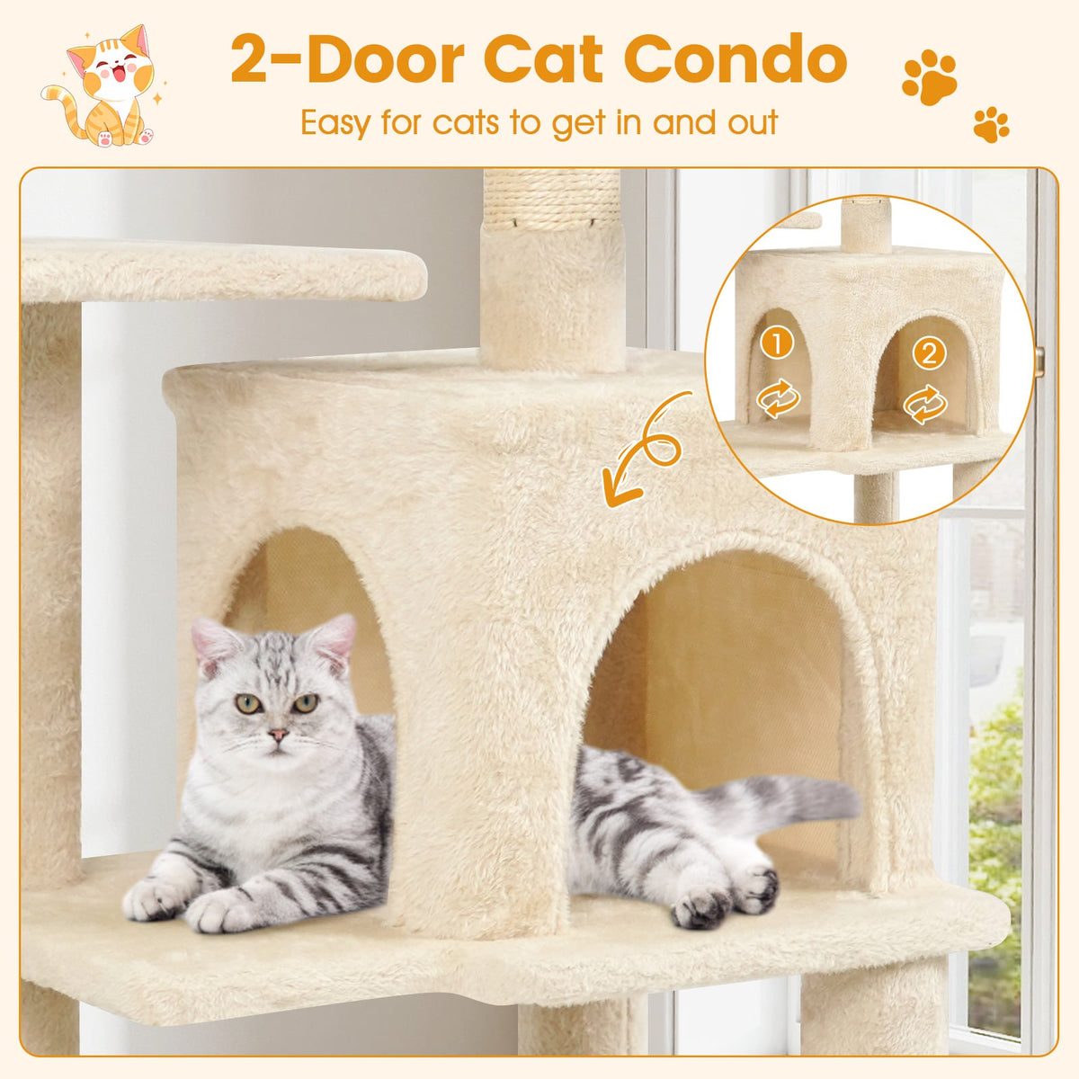 Multi-Level Cat Tower with 2-Door Condo and Padded Top Perch-Beige-Cat Trees & Scratchers-DECOROLALA