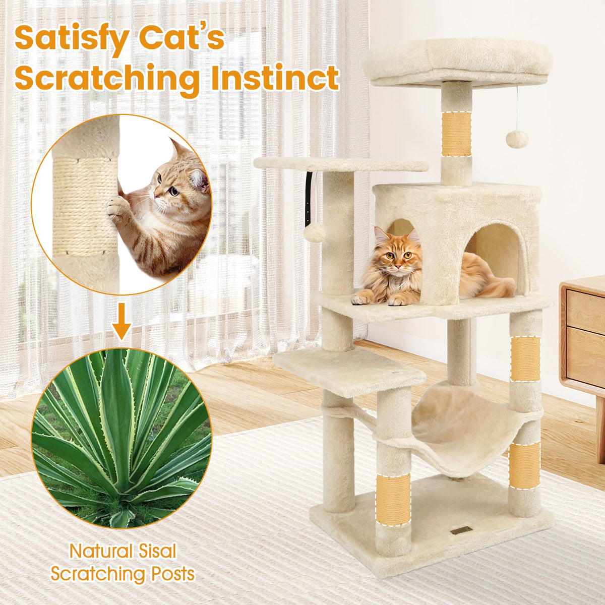 Multi-Level Cat Tower with 2-Door Condo and Padded Top Perch-Beige-Cat Trees & Scratchers-DECOROLALA