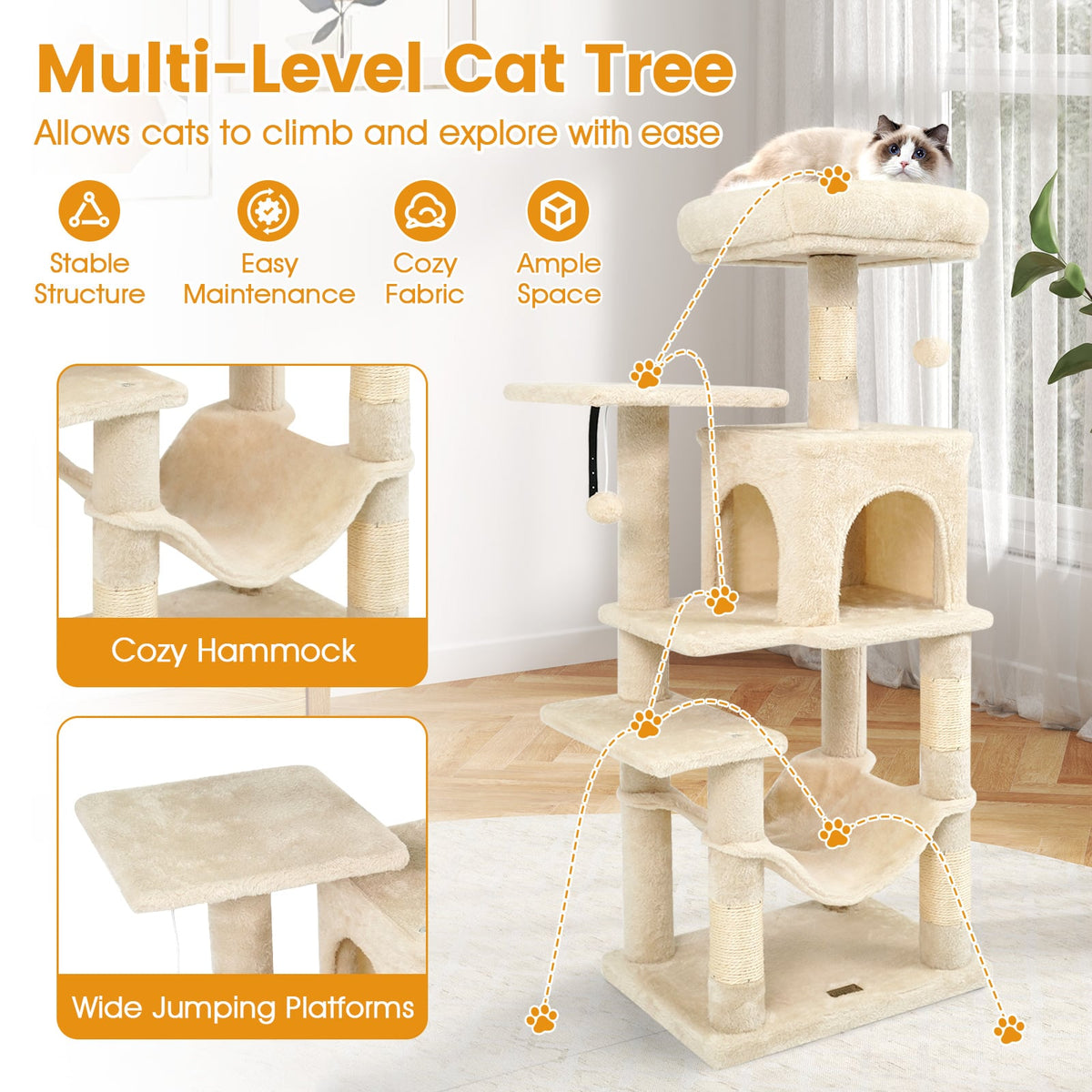 Multi-Level Cat Tower with 2-Door Condo and Padded Top Perch-Beige-Cat Trees & Scratchers-DECOROLALA