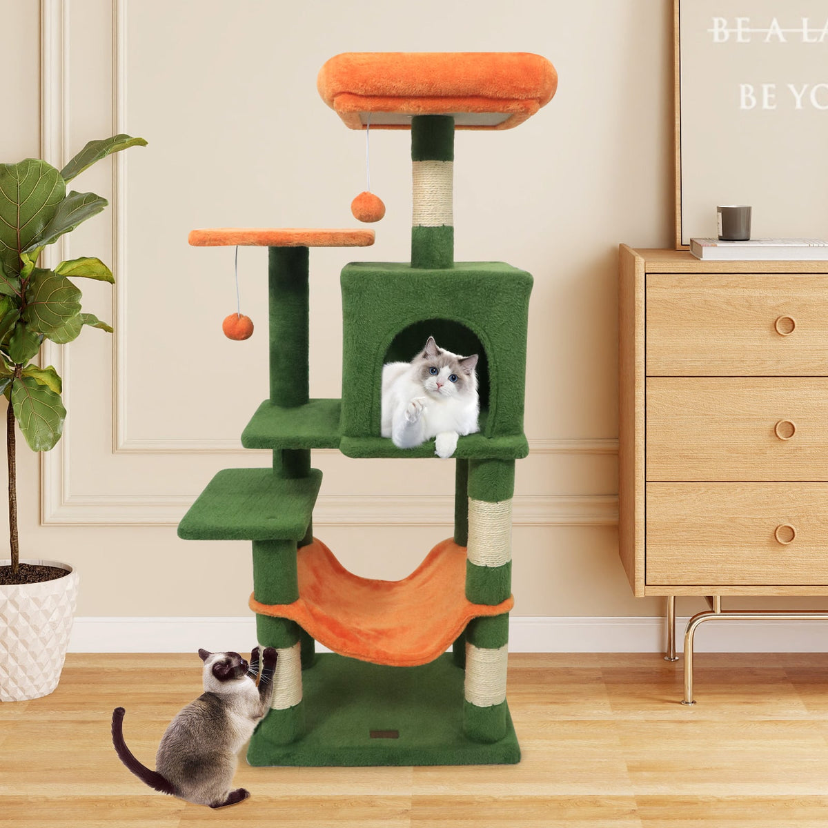 Multi-Level Cat Tower with 2-Door Condo and Padded Top Perch-Green-Cat Trees & Scratchers-DECOROLALA