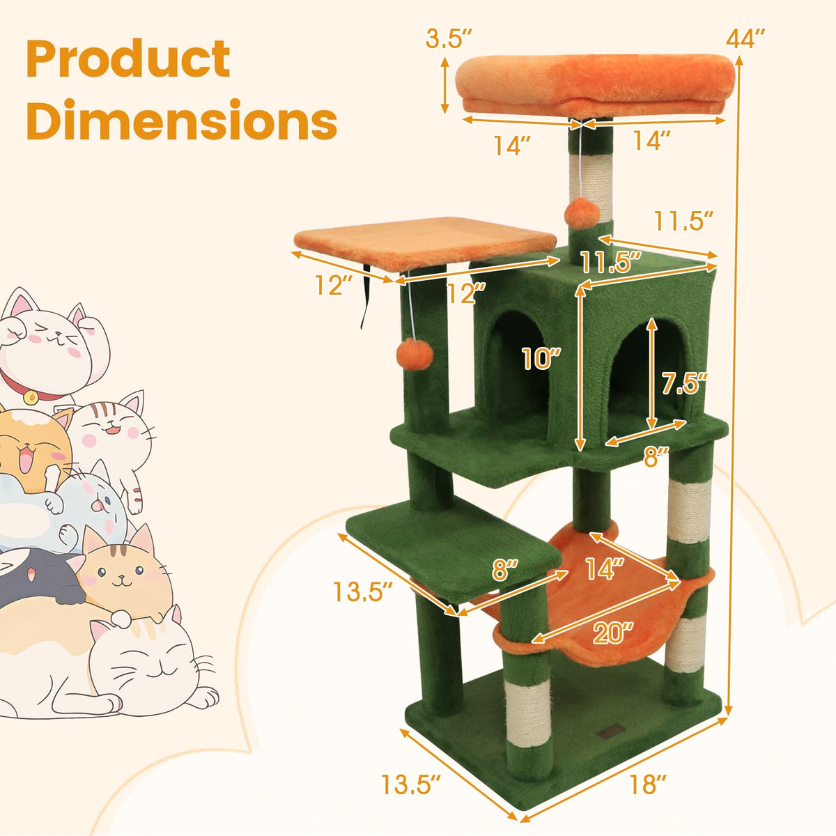 Multi-Level Cat Tower with 2-Door Condo and Padded Top Perch-Green-Cat Trees & Scratchers-DECOROLALA