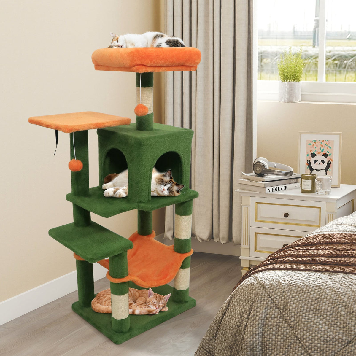 Multi-Level Cat Tower with 2-Door Condo and Padded Top Perch-Green-Cat Trees & Scratchers-DECOROLALA