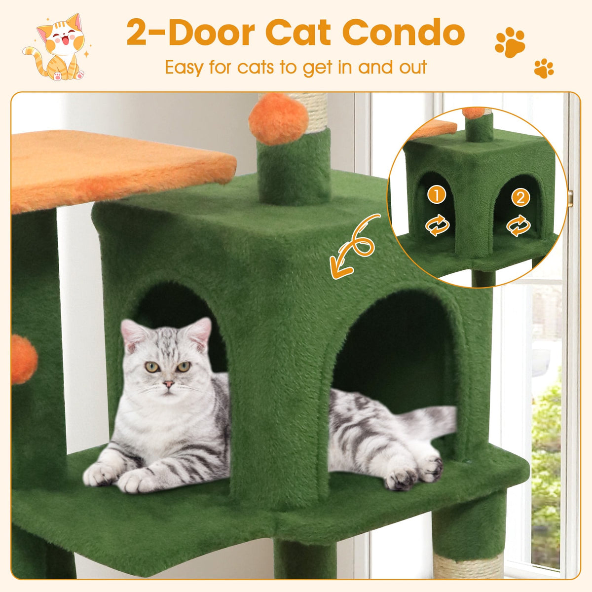 Multi-Level Cat Tower with 2-Door Condo and Padded Top Perch-Green-Cat Trees & Scratchers-DECOROLALA
