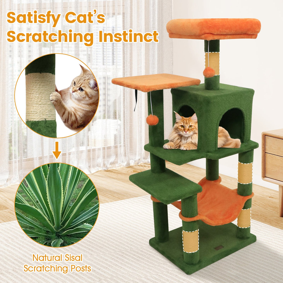 Multi-Level Cat Tower with 2-Door Condo and Padded Top Perch-Green-Cat Trees & Scratchers-DECOROLALA