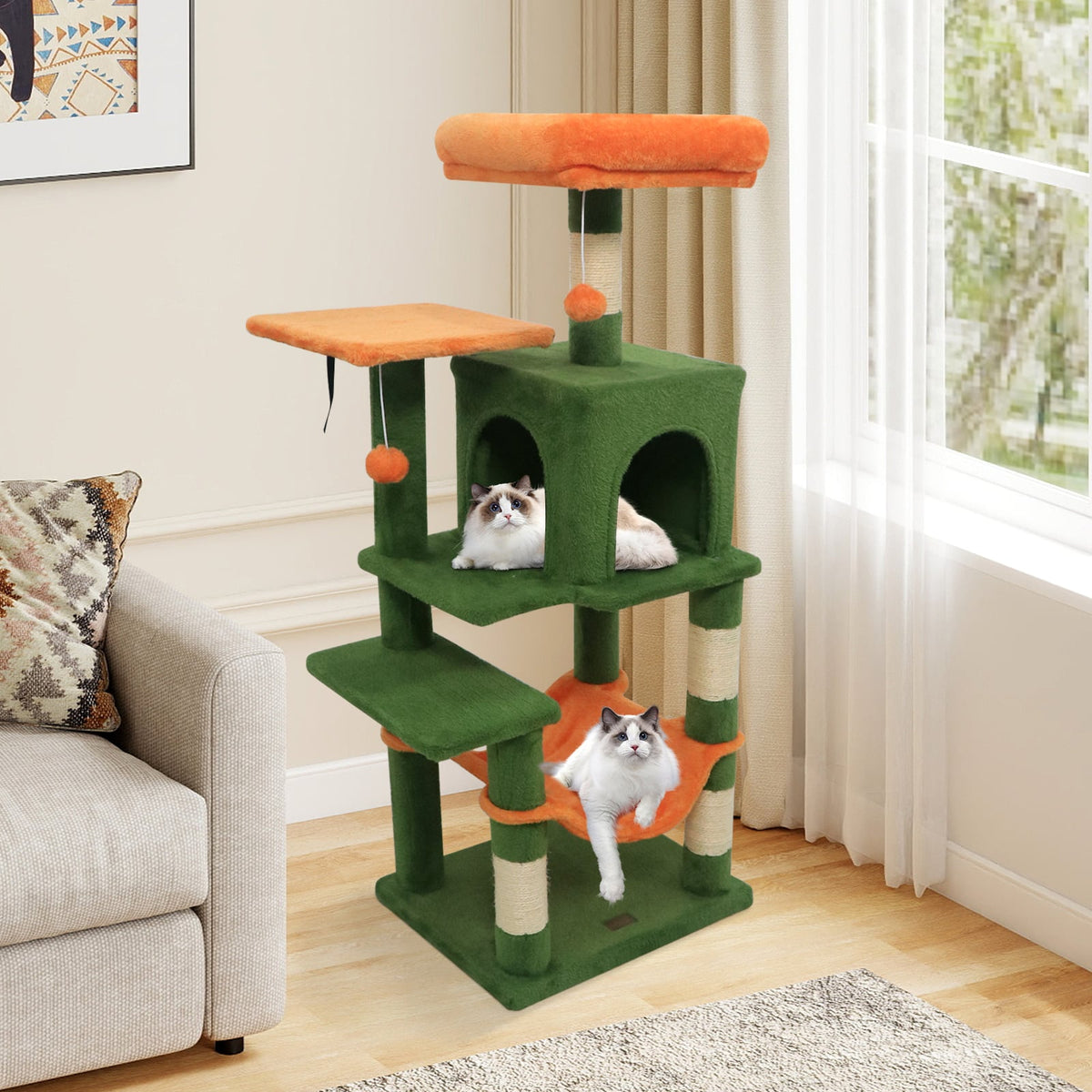 Multi-Level Cat Tower with 2-Door Condo and Padded Top Perch-Green-Cat Trees & Scratchers-DECOROLALA
