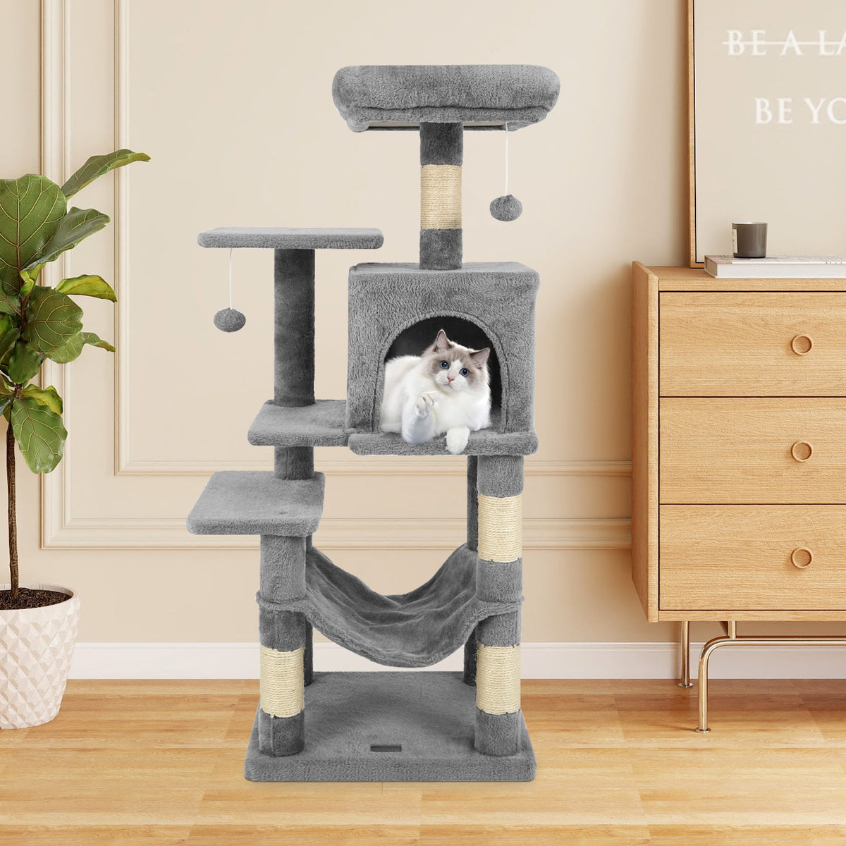 Multi-Level Cat Tower with 2-Door Condo and Padded Top Perch-Light Gray-Cat Trees & Scratchers-DECOROLALA