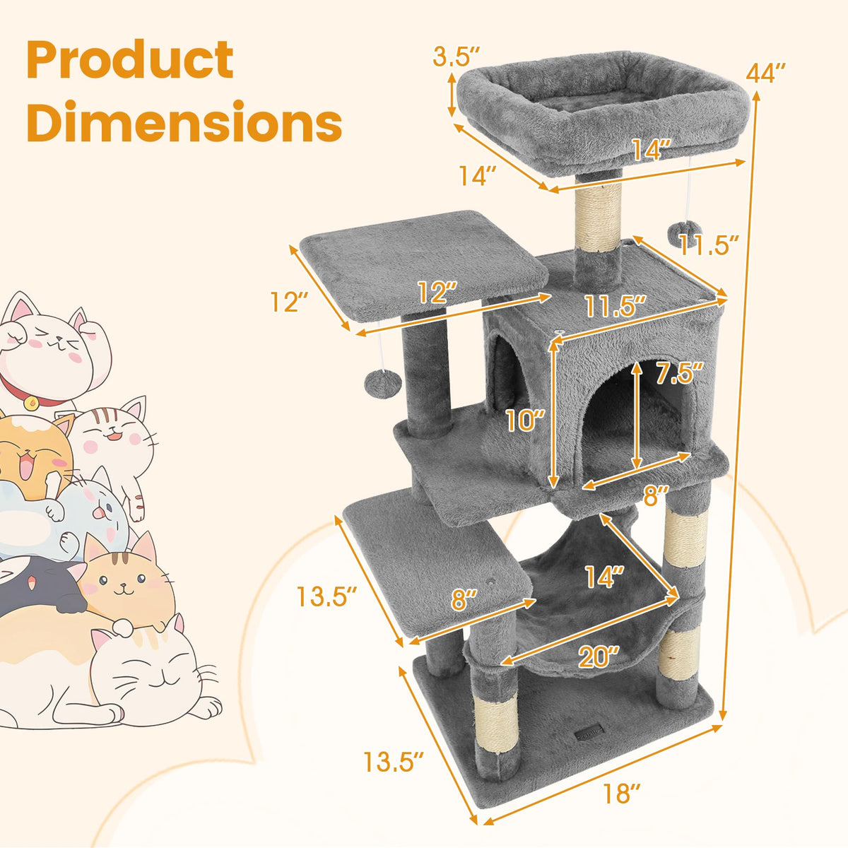 Multi-Level Cat Tower with 2-Door Condo and Padded Top Perch-Light Gray-Cat Trees & Scratchers-DECOROLALA