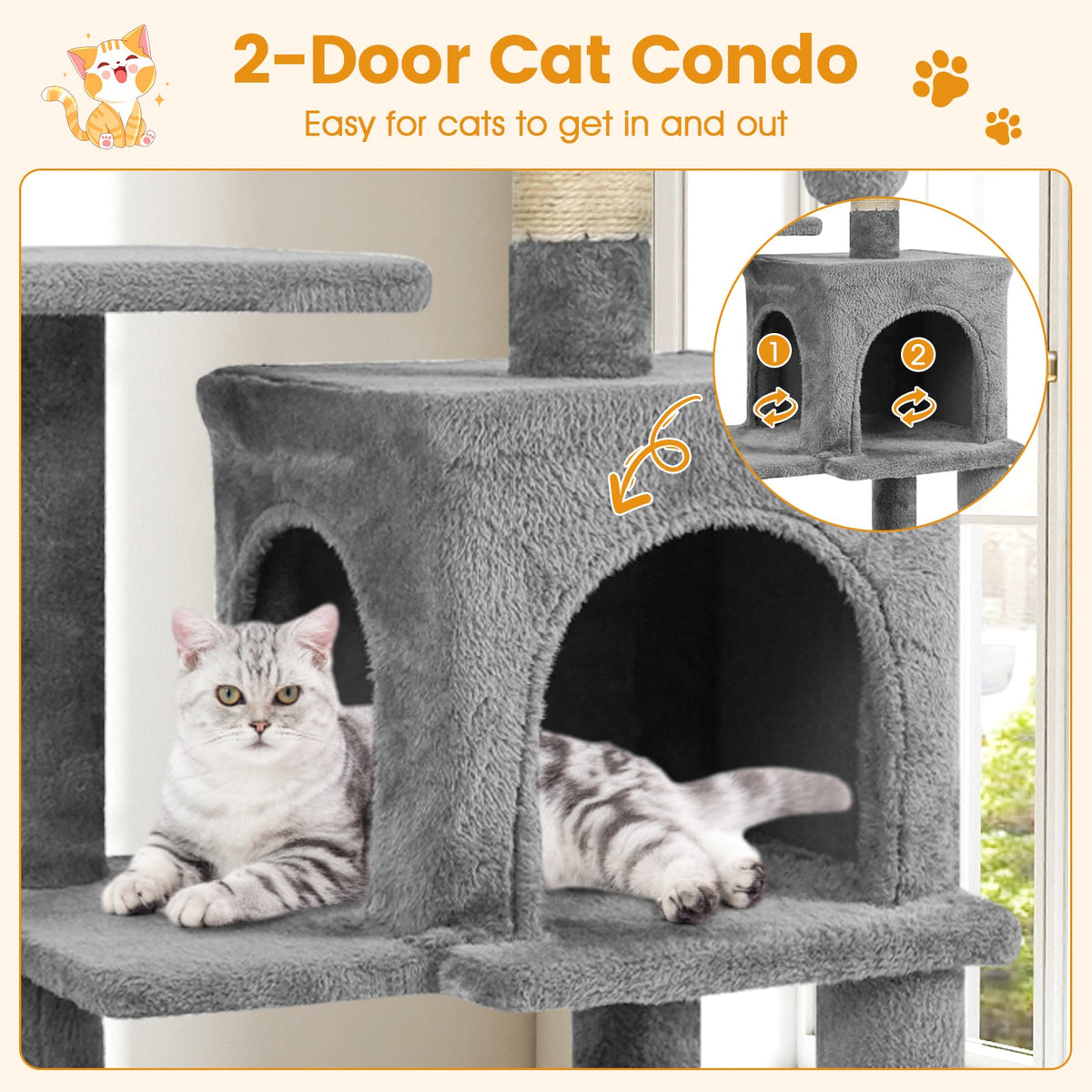 Multi-Level Cat Tower with 2-Door Condo and Padded Top Perch-Light Gray-Cat Trees & Scratchers-DECOROLALA