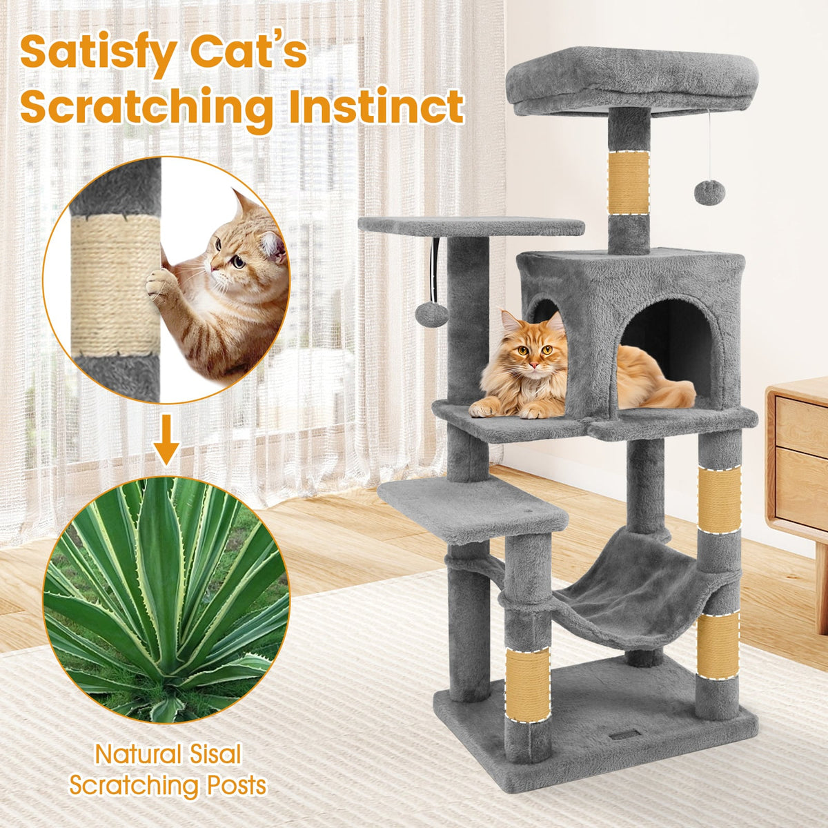 Multi-Level Cat Tower with 2-Door Condo and Padded Top Perch-Light Gray-Cat Trees & Scratchers-DECOROLALA