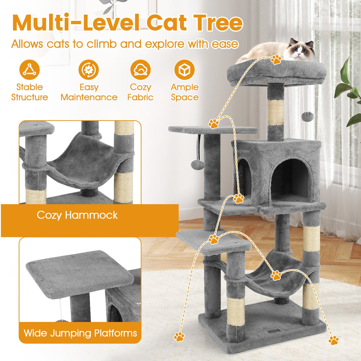 Multi-Level Cat Tower with 2-Door Condo and Padded Top Perch-Light Gray-Cat Trees & Scratchers-DECOROLALA