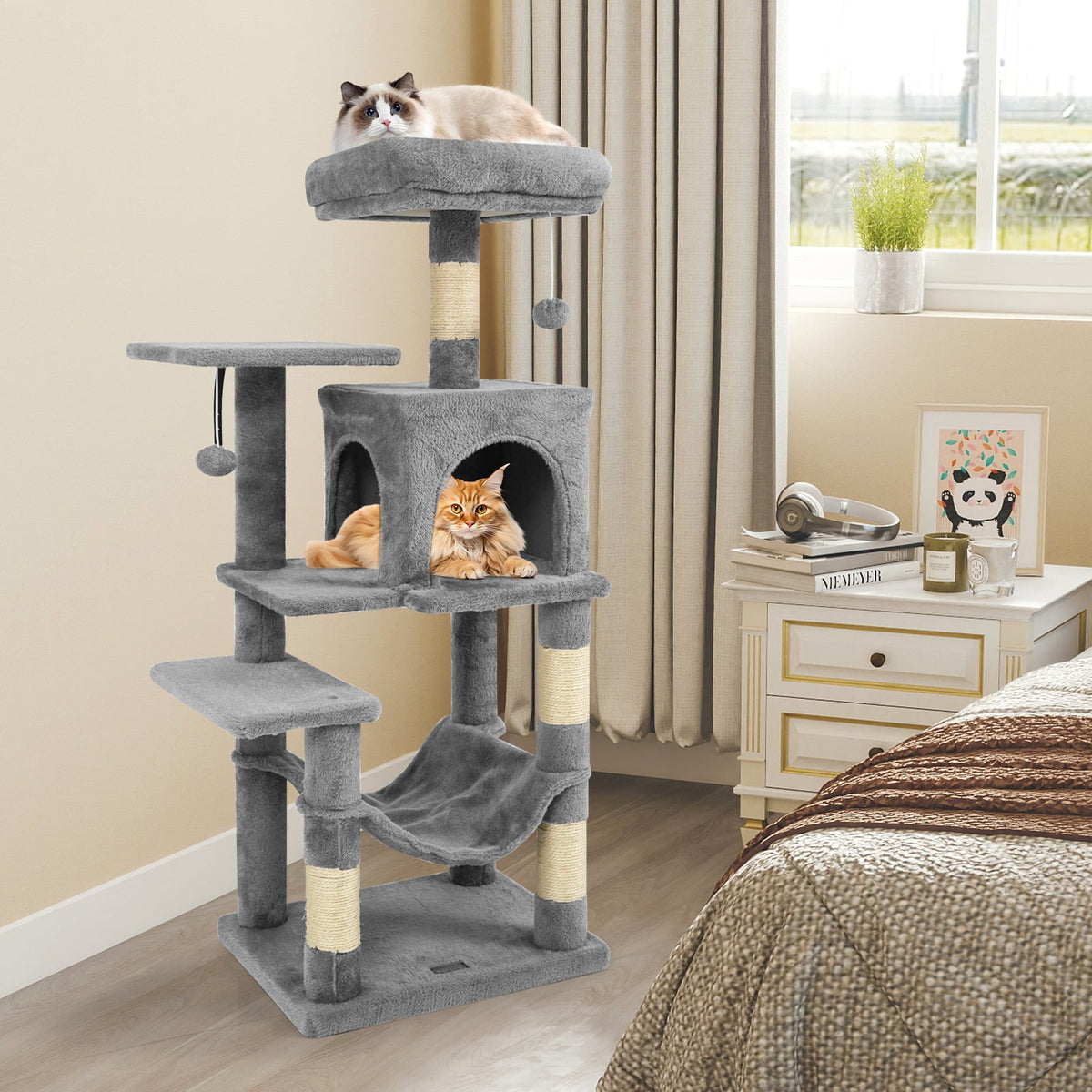 Multi-Level Cat Tower with 2-Door Condo and Padded Top Perch-Light Gray-Cat Trees & Scratchers-DECOROLALA