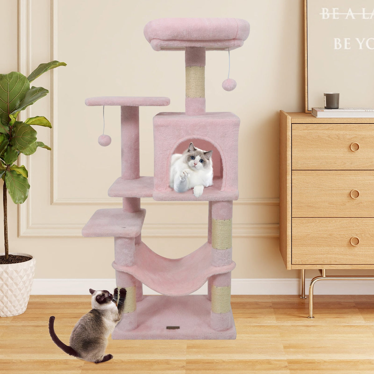 Multi-Level Cat Tower with 2-Door Condo and Padded Top Perch-Pink-Cat Trees & Scratchers-DECOROLALA