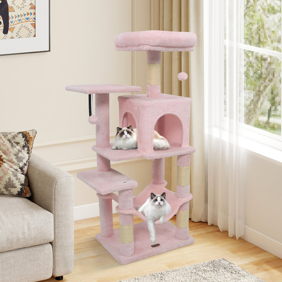 Multi-Level Cat Tower with 2-Door Condo and Padded Top Perch-Pink-Cat Trees & Scratchers-DECOROLALA