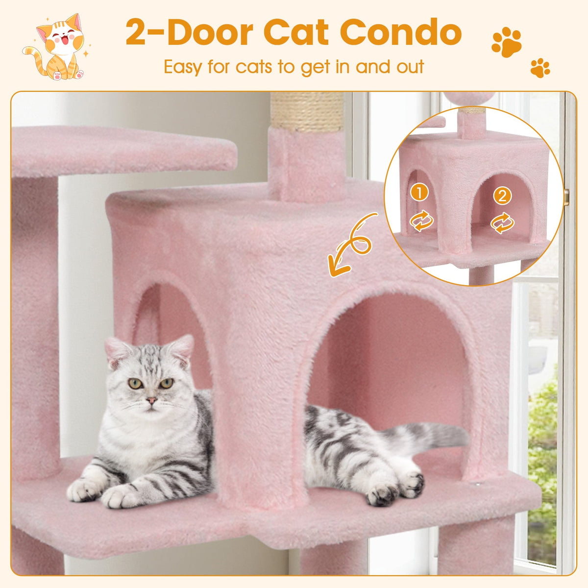 Multi-Level Cat Tower with 2-Door Condo and Padded Top Perch-Pink-Cat Trees & Scratchers-DECOROLALA