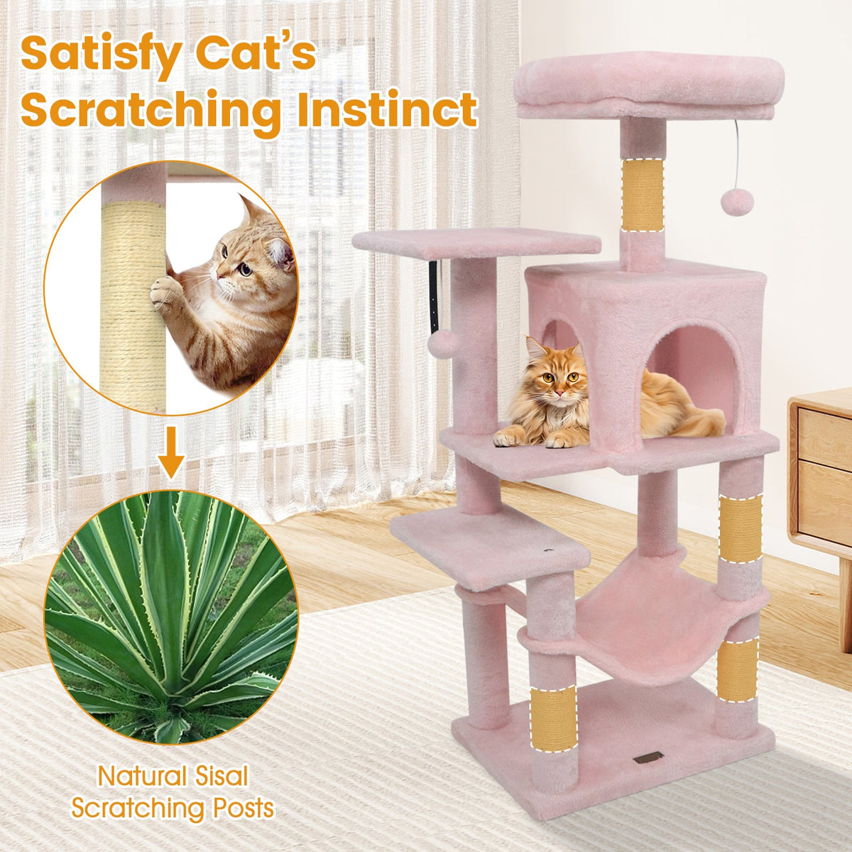 Multi-Level Cat Tower with 2-Door Condo and Padded Top Perch-Pink-Cat Trees & Scratchers-DECOROLALA