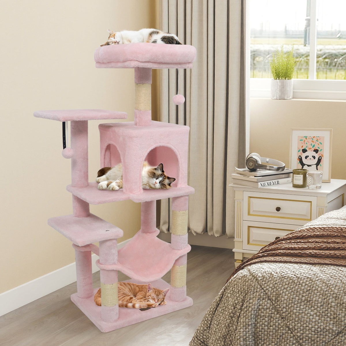Multi-Level Cat Tower with 2-Door Condo and Padded Top Perch-Pink-Cat Trees & Scratchers-DECOROLALA