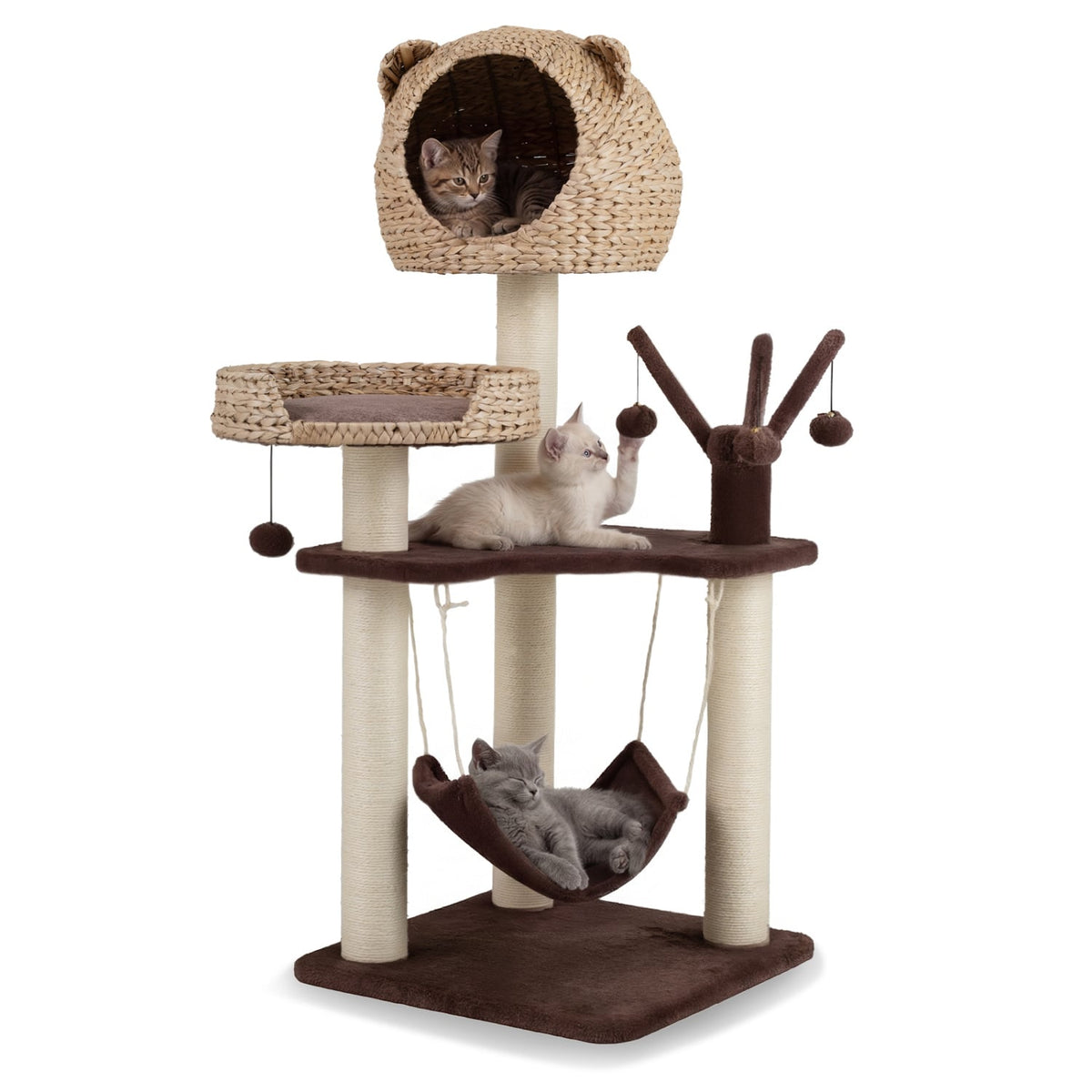 Multi-Level Cat Tree with Condo Hammock and Rotatable Hanging Balls-Brown-Cat Trees & Scratchers-DECOROLALA