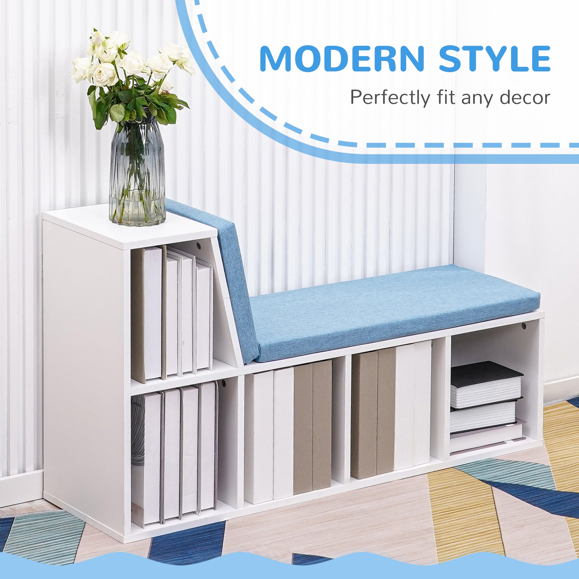 Multi-Purpose Bookshelf with 5 Cubes, 5-Cubby Bookcase with Cushioned Reading Nook and Storage Shelves, Blue-Home Furnishings > Storage & Organization > Bookshelves & Bookcases > Small Bookshelves-DECOROLALA