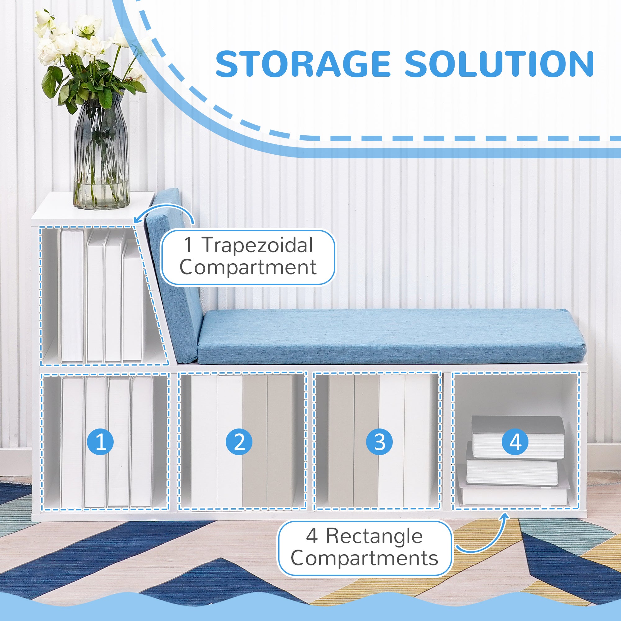 Multi-Purpose Bookshelf with 5 Cubes, 5-Cubby Bookcase with Cushioned Reading Nook and Storage Shelves, Blue-Home Furnishings > Storage & Organization > Bookshelves & Bookcases > Small Bookshelves-DECOROLALA