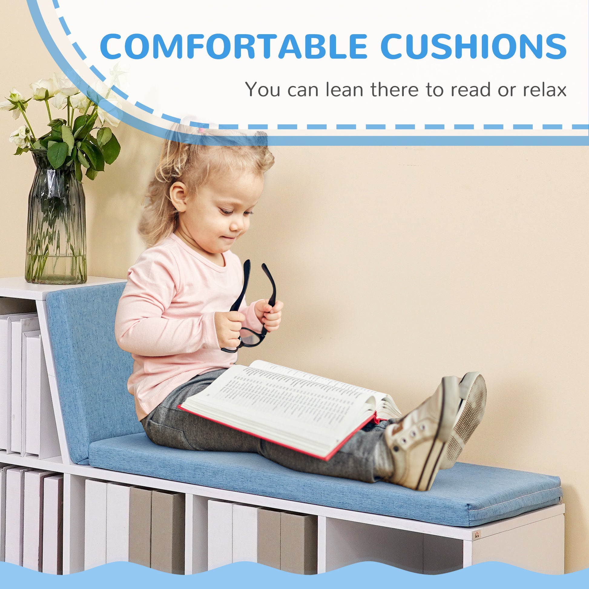 Multi-Purpose Bookshelf with 5 Cubes, 5-Cubby Bookcase with Cushioned Reading Nook and Storage Shelves, Blue-Home Furnishings > Storage & Organization > Bookshelves & Bookcases > Small Bookshelves-DECOROLALA