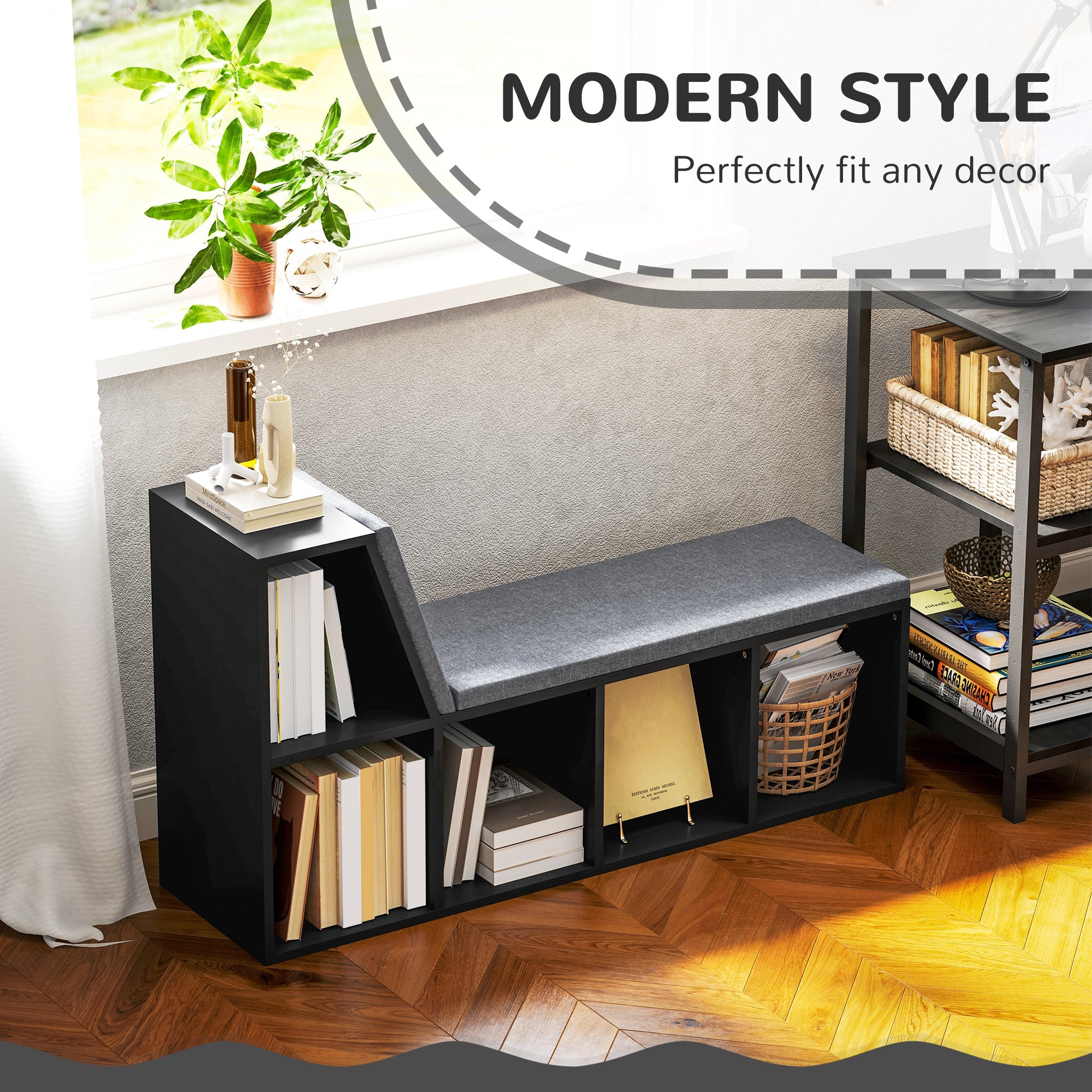 Multi-Purpose Bookshelf with 5 Cubes, 5-Cubby Bookcase with Cushioned Reading Nook and Storage Shelves, Distressed Black-Home Furnishings > Storage & Organization > Bookshelves & Bookcases-DECOROLALA
