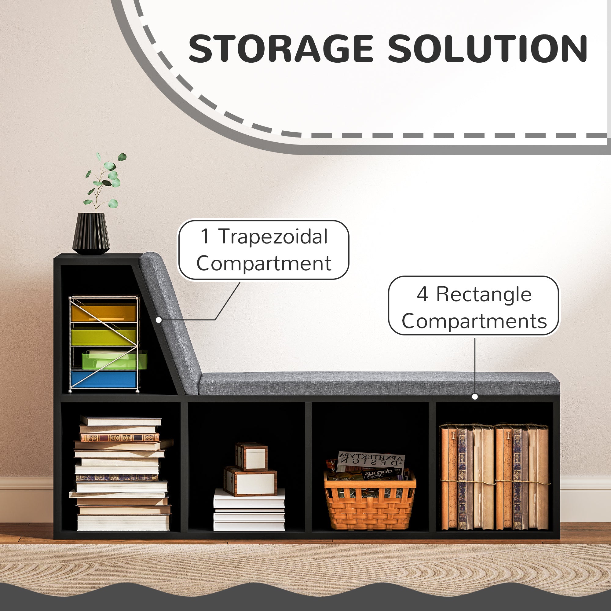 Multi-Purpose Bookshelf with 5 Cubes, 5-Cubby Bookcase with Cushioned Reading Nook and Storage Shelves, Distressed Black-Home Furnishings > Storage & Organization > Bookshelves & Bookcases-DECOROLALA