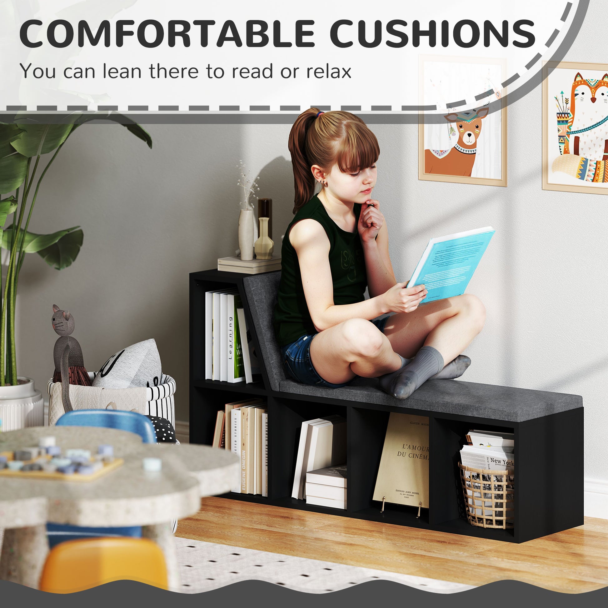 Multi-Purpose Bookshelf with 5 Cubes, 5-Cubby Bookcase with Cushioned Reading Nook and Storage Shelves, Distressed Black-Home Furnishings > Storage & Organization > Bookshelves & Bookcases-DECOROLALA