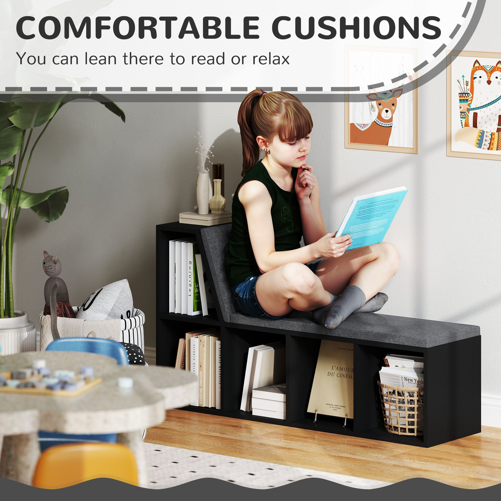 Multi-Purpose Bookshelf with 5 Cubes, 5-Cubby Bookcase with Cushioned Reading Nook and Storage Shelves, Distressed Black-Home Furnishings > Storage & Organization > Bookshelves & Bookcases-DECOROLALA