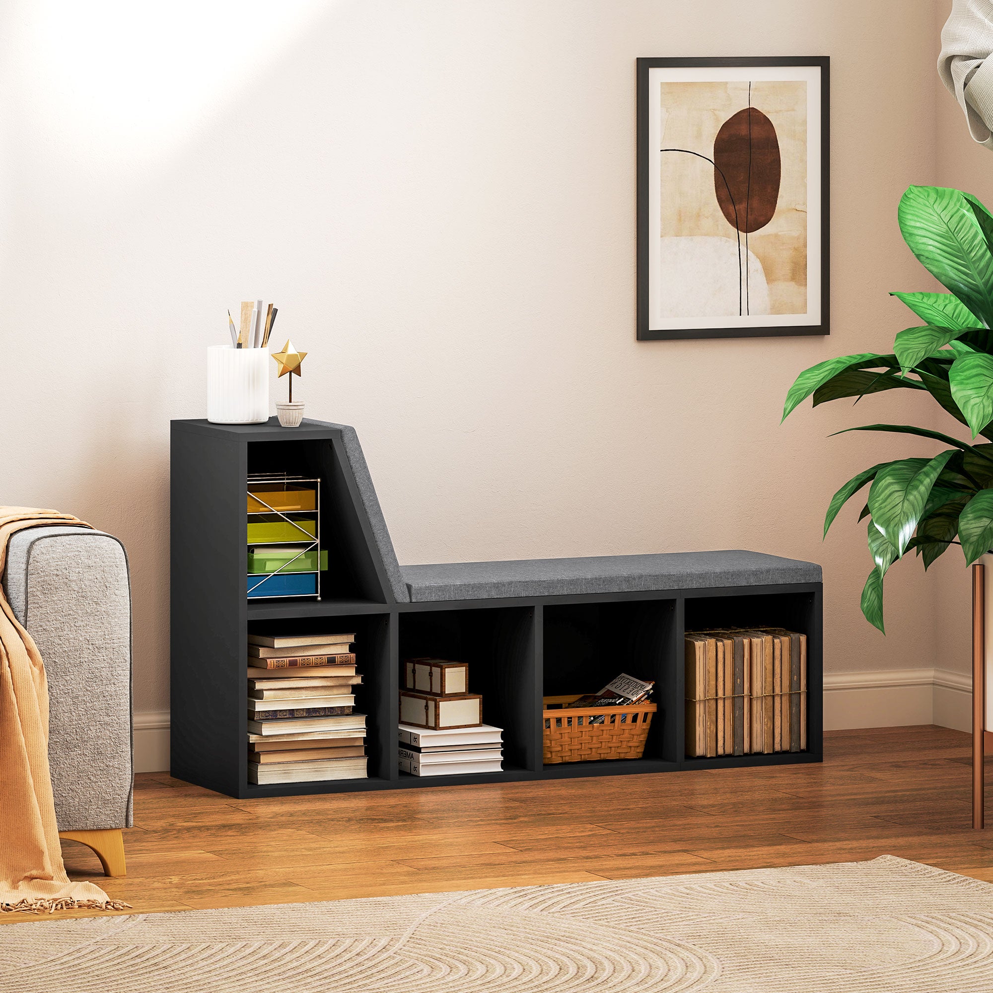 Multi-Purpose Bookshelf with 5 Cubes, 5-Cubby Bookcase with Cushioned Reading Nook and Storage Shelves, Distressed Black-Home Furnishings > Storage & Organization > Bookshelves & Bookcases-DECOROLALA