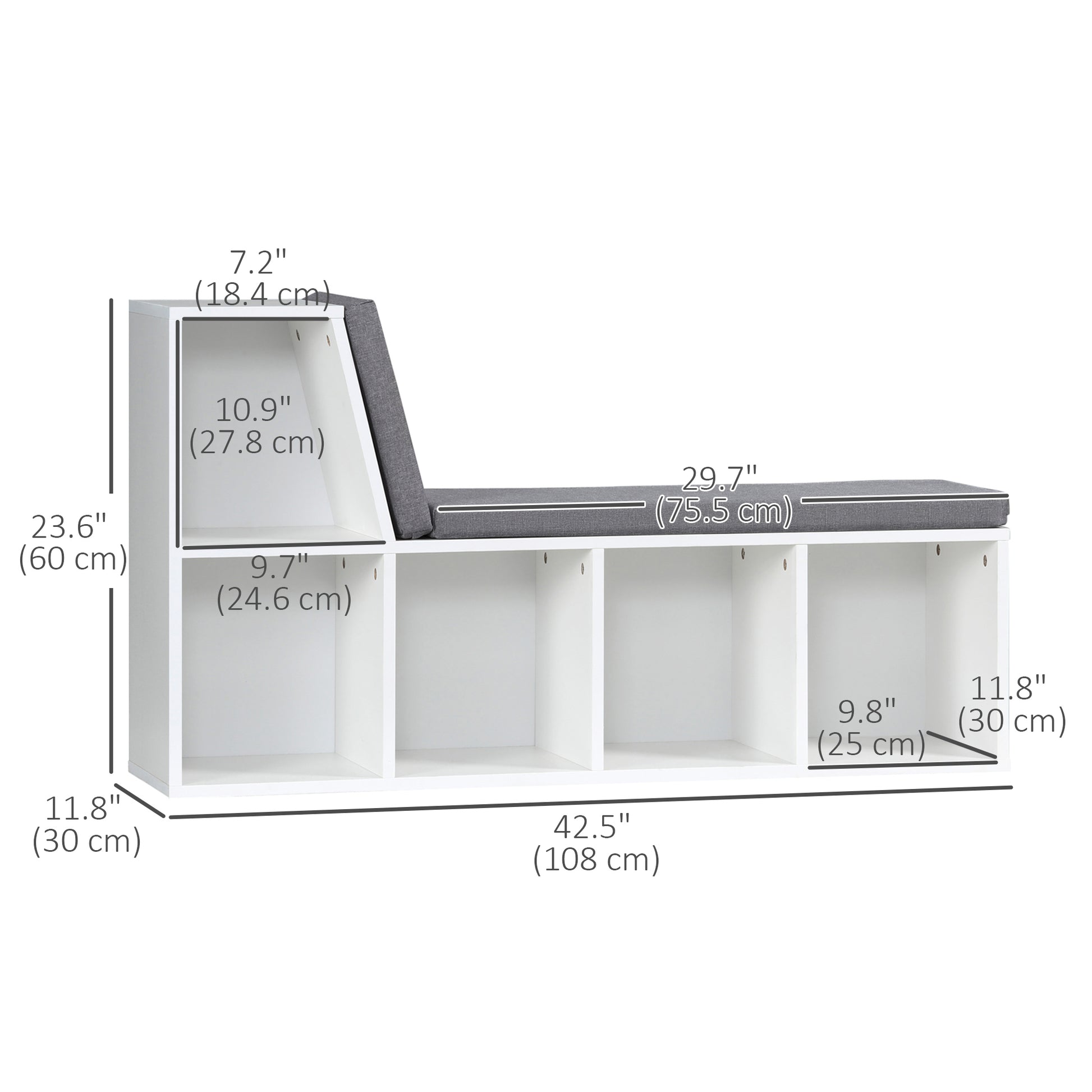 Multi-Purpose Bookshelf with 5 Cubes, 5-Cubby Bookcase with Cushioned Reading Nook and Storage Shelves, Grey-Home Furnishings > Storage & Organization > Bookshelves & Bookcases > Small Bookshelves-DECOROLALA