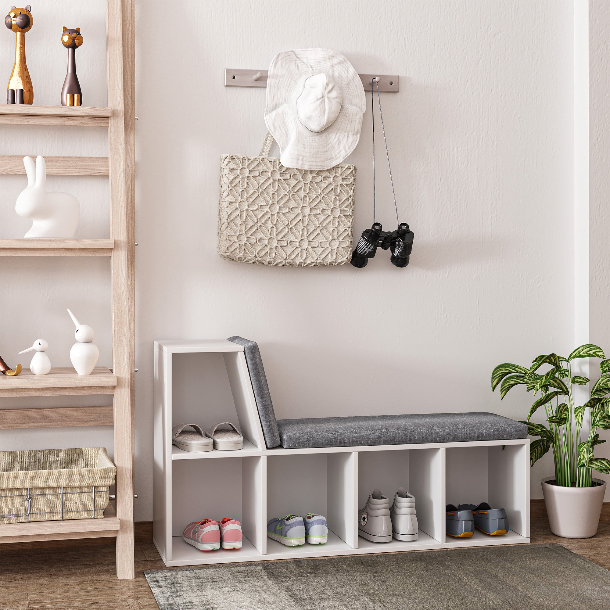 Multi-Purpose Bookshelf with 5 Cubes, 5-Cubby Bookcase with Cushioned Reading Nook and Storage Shelves, Grey-Home Furnishings > Storage & Organization > Bookshelves & Bookcases > Small Bookshelves-DECOROLALA