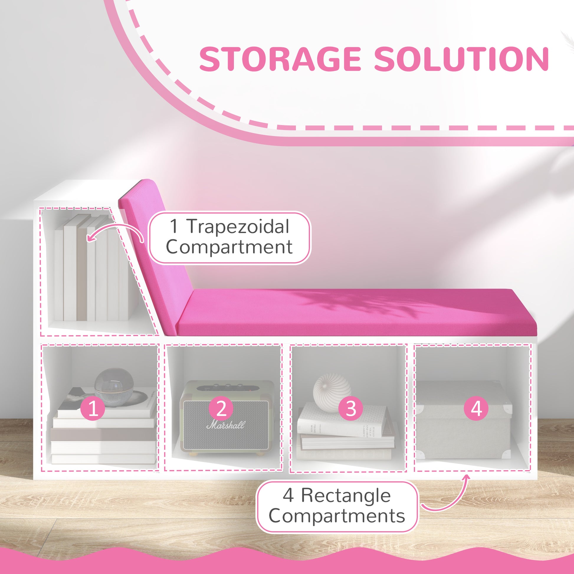 Multi-Purpose Bookshelf with 5 Cubes, 5-Cubby Bookcase with Cushioned Reading Nook and Storage Shelves, Pink-Home Furnishings > Storage & Organization > Bookshelves & Bookcases > Small Bookshelves-DECOROLALA