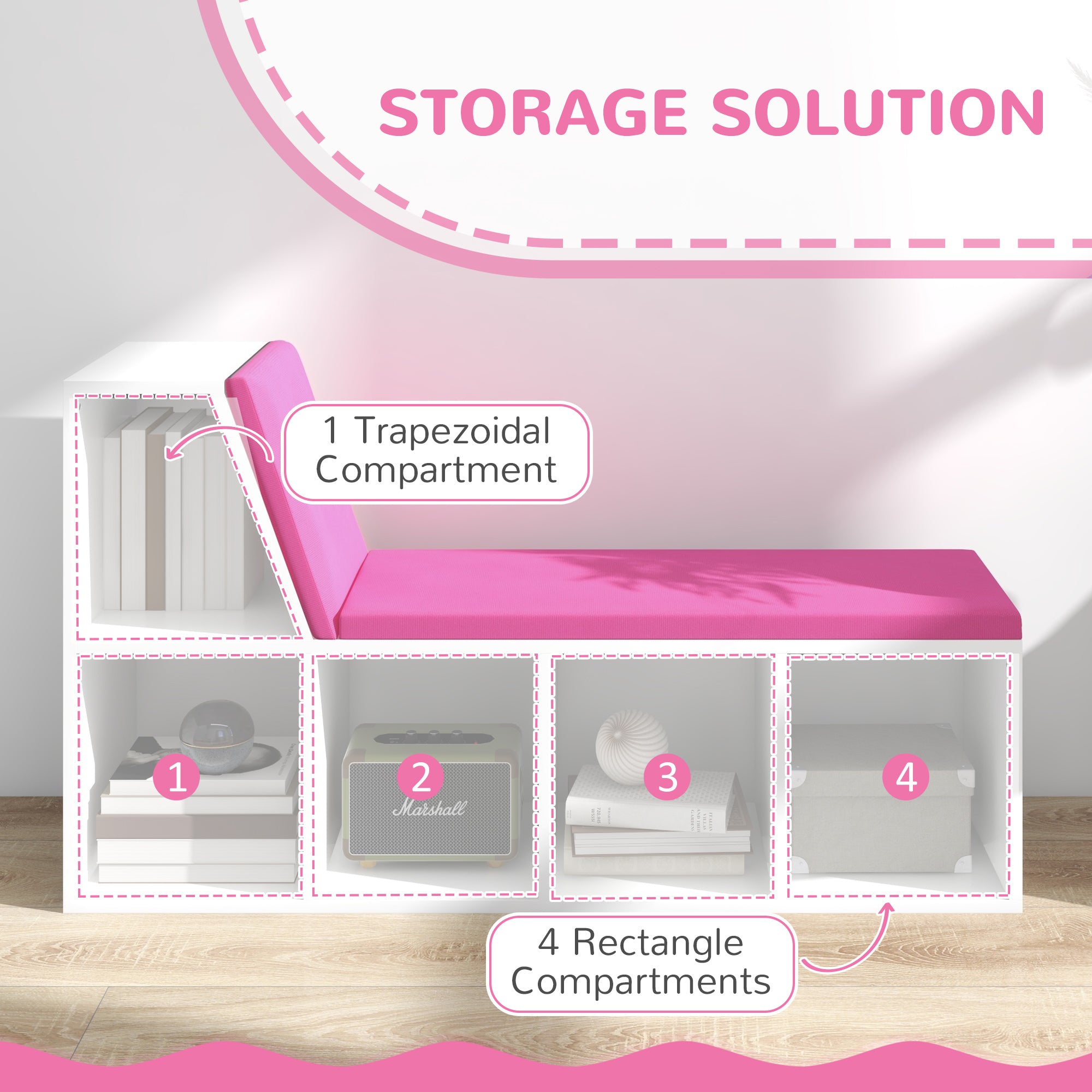 Multi-Purpose Bookshelf with 5 Cubes, 5-Cubby Bookcase with Cushioned Reading Nook and Storage Shelves, Pink-Home Furnishings > Storage & Organization > Bookshelves & Bookcases > Small Bookshelves-DECOROLALA