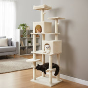 Multi-level Cat Tree Modern Cat Tower with Upholstered Perch and 2 Cat Condo-Beige-Cat Trees & Scratchers-DECOROLALA